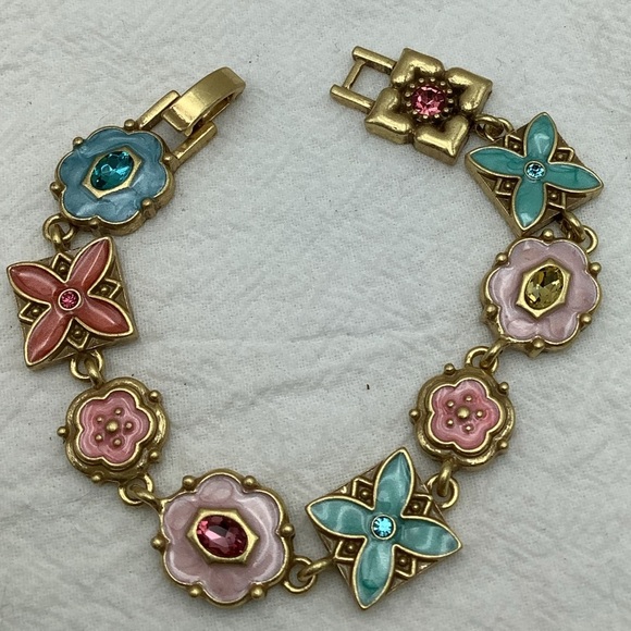 Floral Enamel Book Chain Bracelet in Gold, Pink, and Blue - Picture 1 of 3